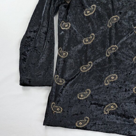 VTG Black Velvet Long Sleeve Gold Embroidered Paisley All Over Print Y2k Top - Picture 2 of 6